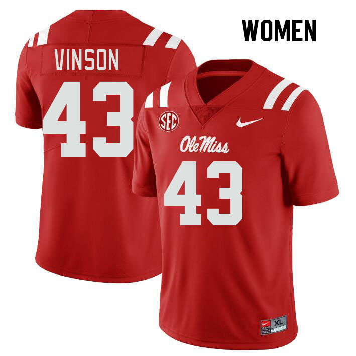 Women #43 Rayf Vinson Ole Miss Rebels College Football Jerseys Stitched Sale-Red - Click Image to Close